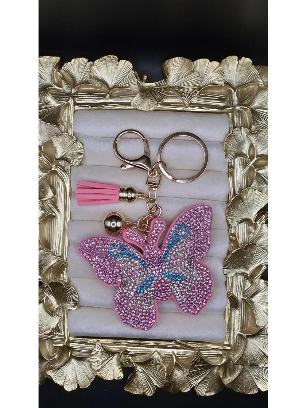 Pink Rhinestone Butterfly Keychain with Tassel